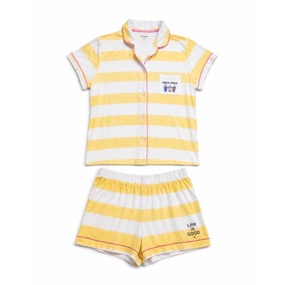 Life is Good Womens Large Yellow White Striped Brew Crew Coffee Pajama Set
